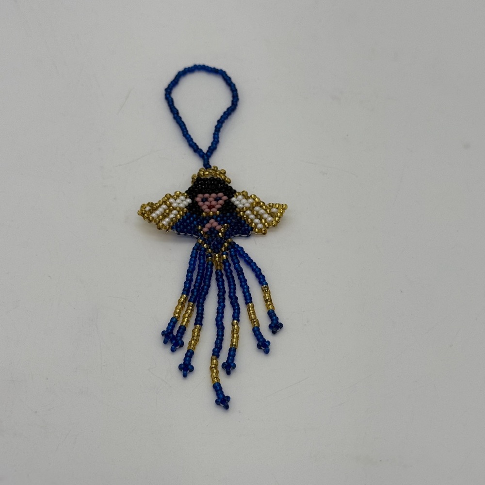 Double Sided Hand Crafted Seed Beaded Angel Ornament Handmade Blue & Gold Fringe